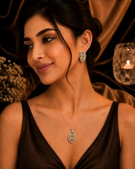 Picture of 925  Golden Citrine Halo Pendant Set