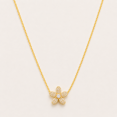 Picture of 925 Silver Gold Plated CZ Flower Necklace