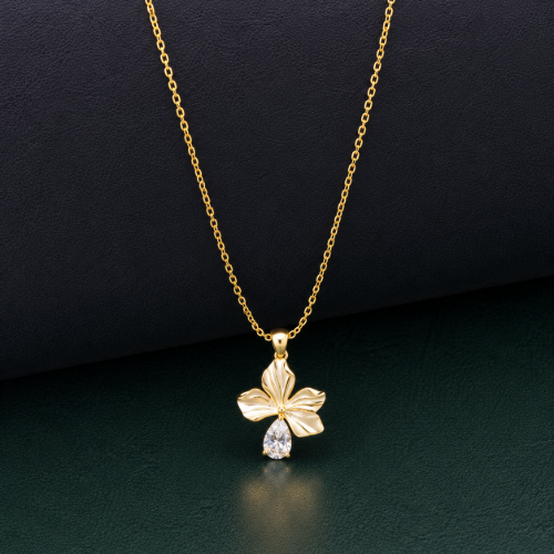 Picture of 925 Silver Gold Plated Floral Drop Necklace