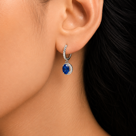 Picture of 925 Sterling Silver Blue Sapphire Halo Drop Hoop Earrings