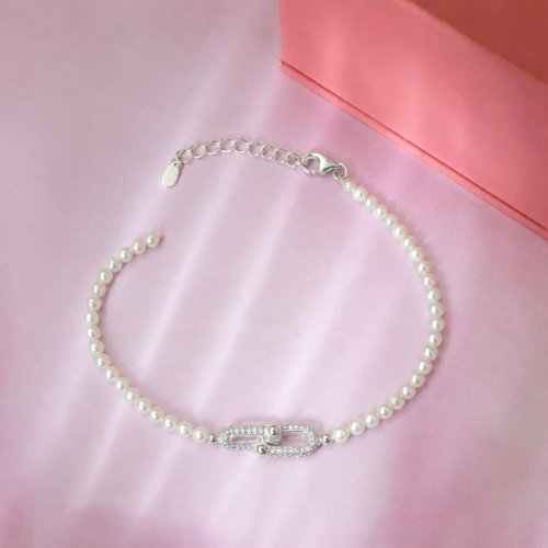 Picture of 925 Sterling Silver Pearl Link Bracelet for Women with Cubic Zirconia