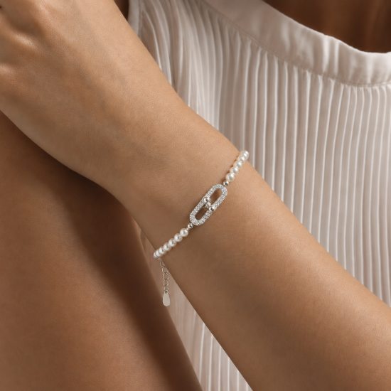 Picture of 925 Sterling Silver Pearl Link Bracelet for Women with Cubic Zirconia