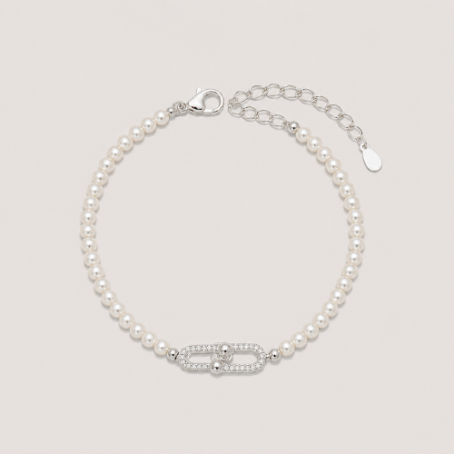 Picture of 925 Sterling Silver Pearl Link Bracelet for Women with Cubic Zirconia