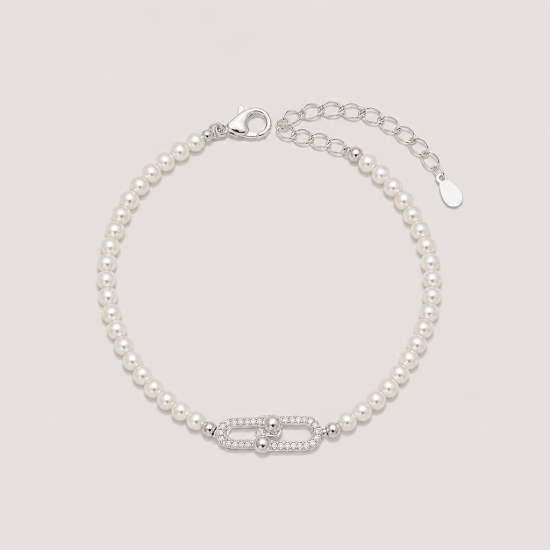 Picture of 925 Sterling Silver Pearl Link Bracelet for Women with Cubic Zirconia