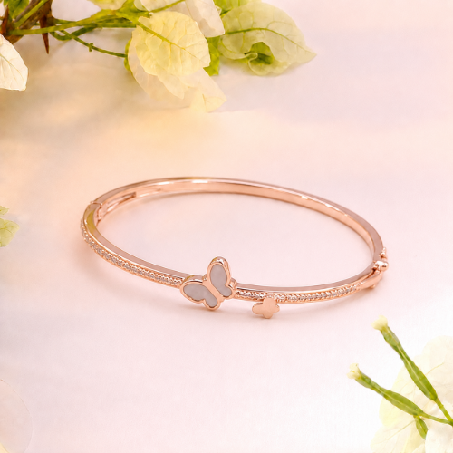 Picture of 925 Sterling Silver Rose Gold Butterfly Mother of Pearl Bangle Bracelet