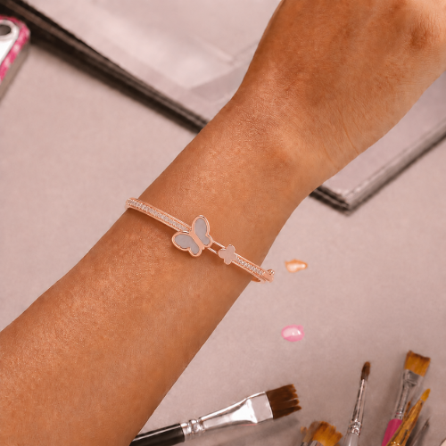 Picture of 925 Sterling Silver Rose Gold Butterfly Mother of Pearl Bangle Bracelet