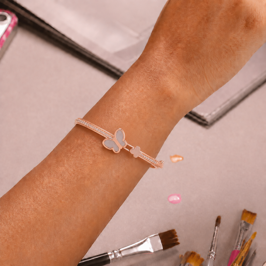 Picture of 925 Sterling Silver Rose Gold Butterfly Mother of Pearl Bangle Bracelet