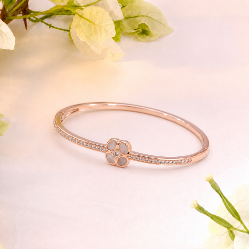 Picture of 925 Sterling Silver Rose Gold Clover Mother of Pearl Bangle Bracelet
