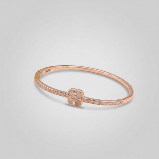 Picture of 925 Sterling Silver Rose Gold Clover Mother of Pearl Bangle Bracelet