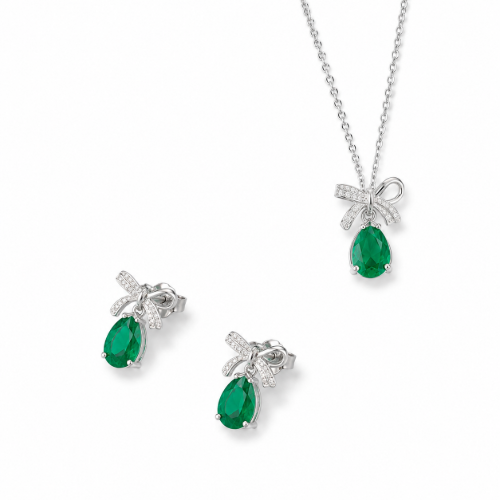 Picture of 925 Silver Emerald Green Bow Drop Jewelry Set