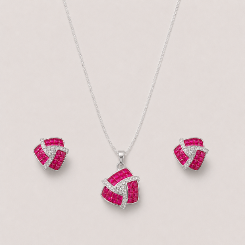 Picture of 925 Silver Pink CZ Geometric Jewelry Set