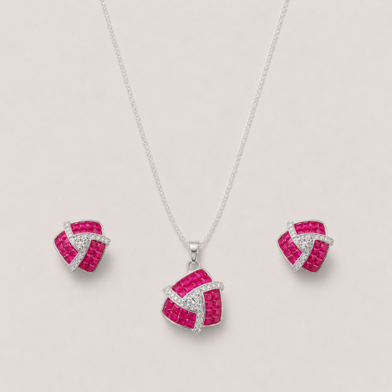 Picture of 925 Silver Pink CZ Geometric Jewelry Set