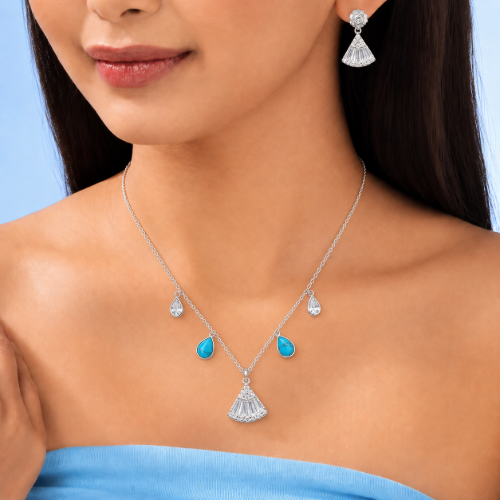 Picture of 925 Silver Turquoise CZ Fan Jewelry Set