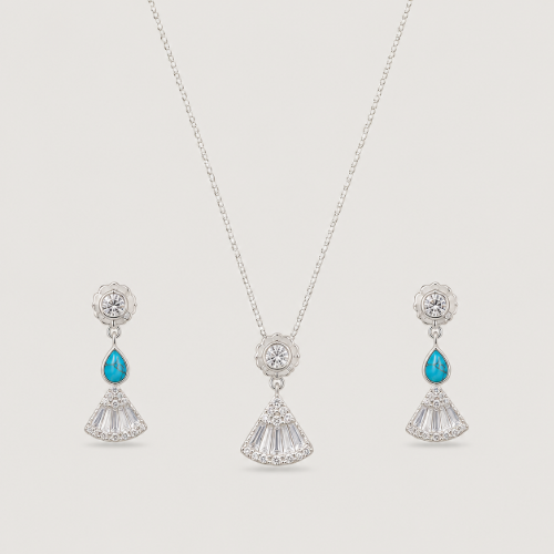 Picture of 925 Silver Turquoise CZ Fan Jewelry Set