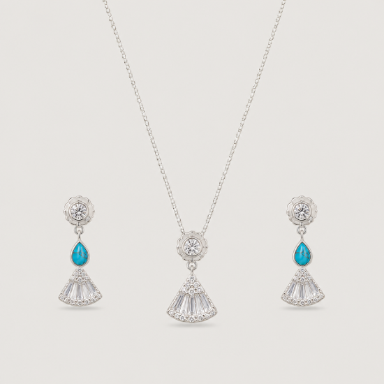 Picture of 925 Silver Turquoise CZ Fan Jewelry Set