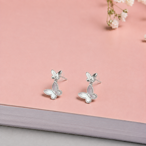 Picture of 925 Silver Double Butterfly Drop Earrings