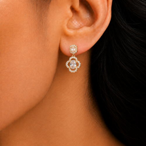 Picture of 925 Golden Floral Crystal Drop Earrings