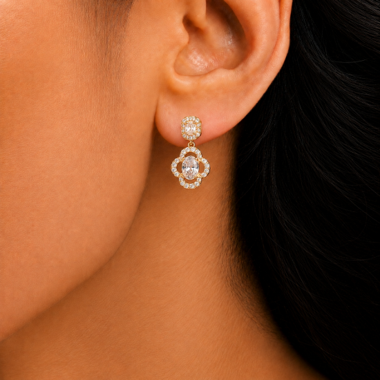 Picture of 925 Golden Floral Crystal Drop Earrings