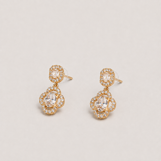 Picture of 925 Golden Floral Crystal Drop Earrings