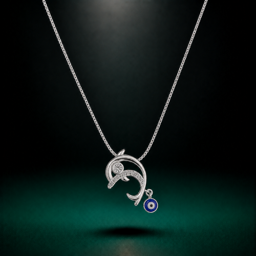 Picture of 925 Silver Crescent Moon Evil Eye Pendant Necklace