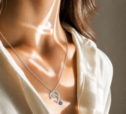 Picture of 925 Silver Crescent Moon Evil Eye Pendant Necklace