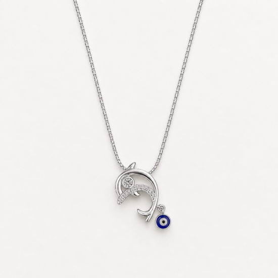 Picture of 925 Silver Crescent Moon Evil Eye Pendant Necklace