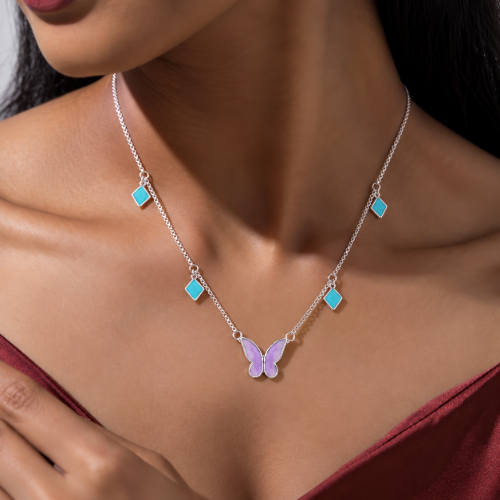 Picture of 925 Silver Butterfly & Turquoise Charm Pendant Necklace