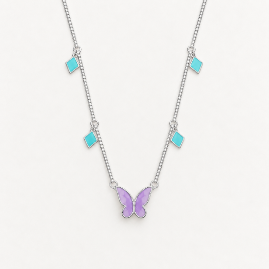 Picture of 925 Silver Butterfly & Turquoise Charm Pendant Necklace