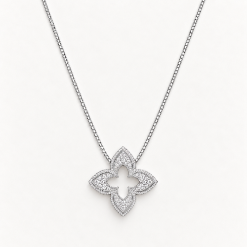 Picture of 925 Sterling Silver Floral Clover CZ Pendant Necklace