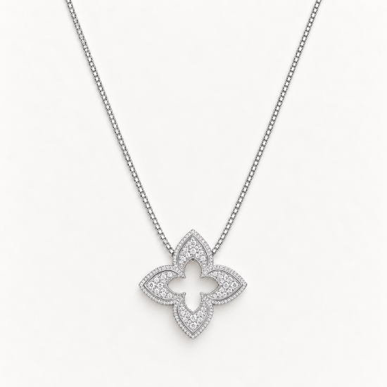Picture of 925 Sterling Silver Floral Clover CZ Pendant Necklace
