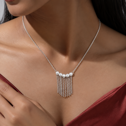 Picture of 925 Sterling Silver Pearl Chain Tassel Necklace