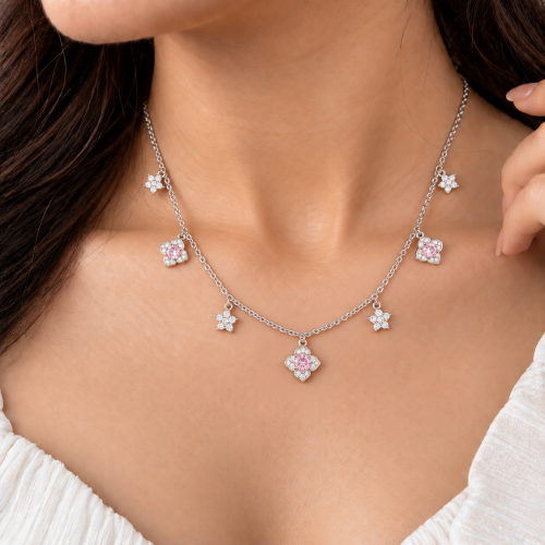 Picture of 925 Silver Pink Flower Charm Layered Necklace
